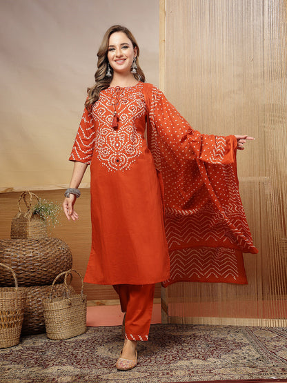 Bandhej Printed & Embroidered Cotton Straight Kurta Pant Dupatta Set