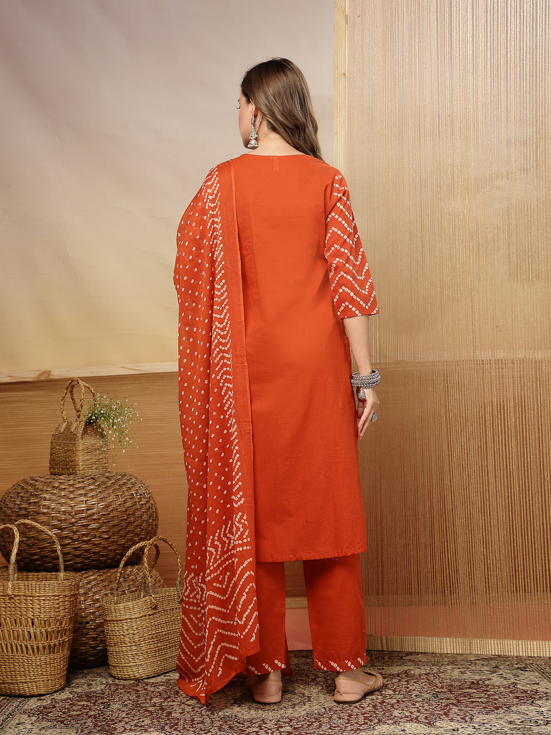 Bandhej Printed &amp; Embroidered Cotton Straight Kurta Pant Dupatta Set