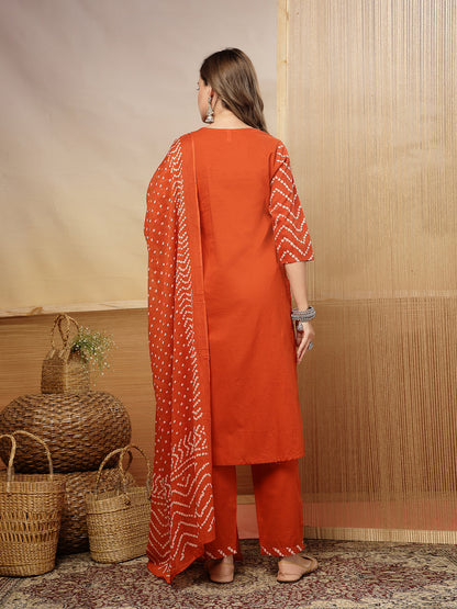 Bandhej Printed & Embroidered Cotton Straight Kurta Pant Dupatta Set