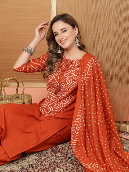 Bandhej Printed & Embroidered Cotton Straight Kurta Pant Dupatta Set
