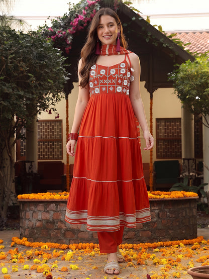 Solid & Embroidered Rayon Tiered Kurta Pant Dupatta Set