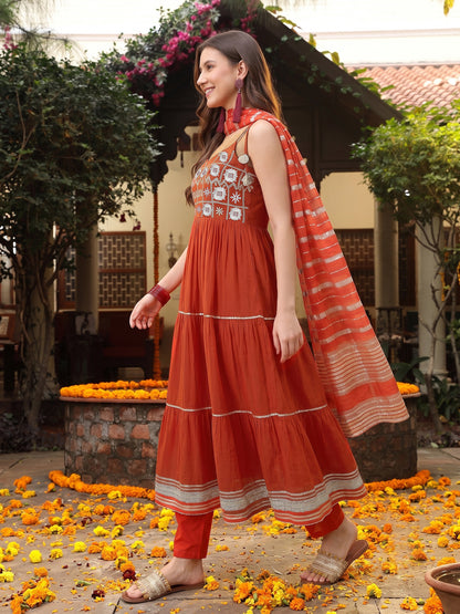 Solid & Embroidered Rayon Tiered Kurta Pant Dupatta Set