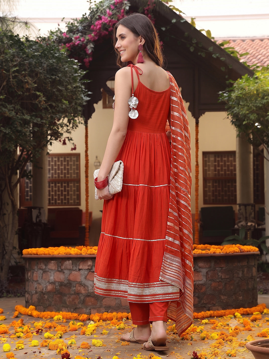 Solid & Embroidered Rayon Tiered Kurta Pant Dupatta Set