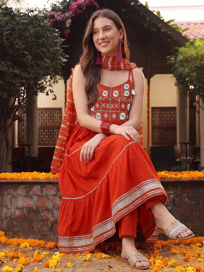 Solid & Embroidered Rayon Tiered Kurta Pant Dupatta Set