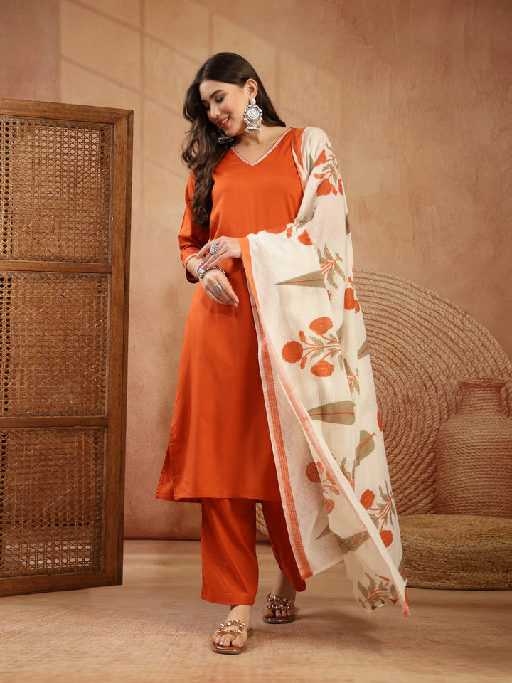 Solid Rayon Straight Kurta Pant Dupatta Set