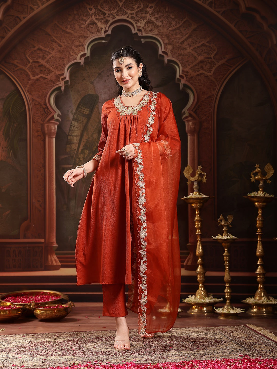 Rust Solid & Embroidered Crepe A-Line Kurta Pant Dupatta Set (Pre-Order)