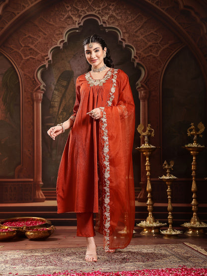 Rust Solid & Embroidered Crepe A-Line Kurta Pant Dupatta Set (Pre-Order)