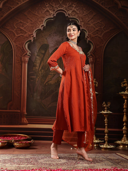 Rust Solid & Embroidered Crepe A-Line Kurta Pant Dupatta Set (Pre-Order)