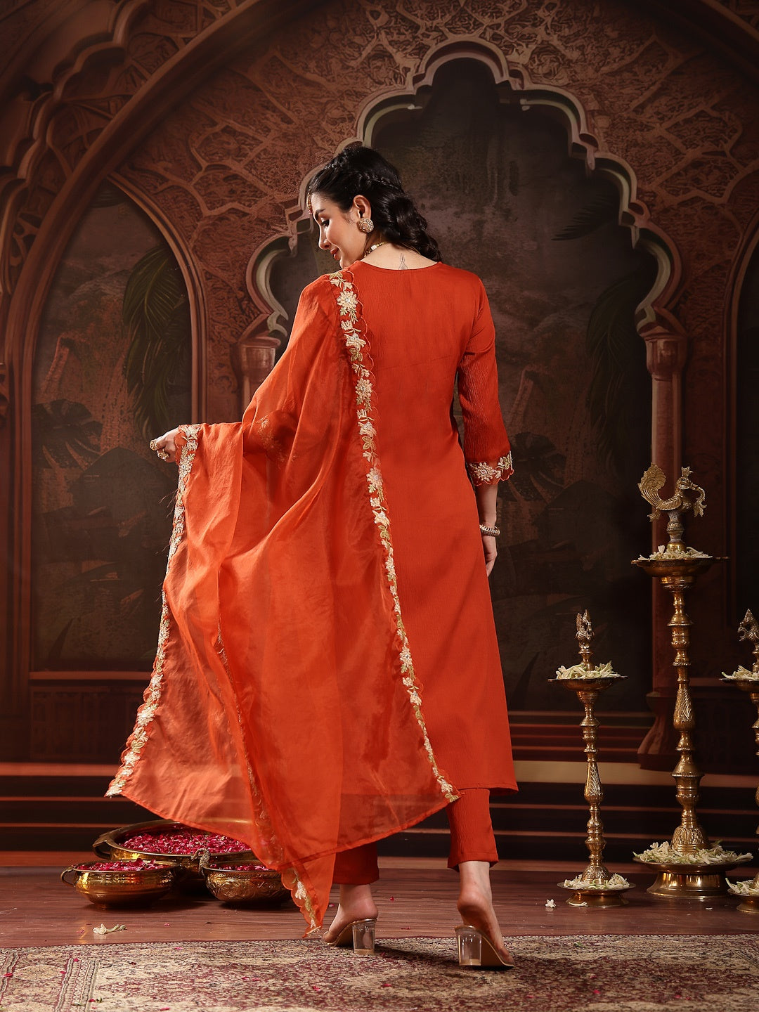Rust Solid & Embroidered Crepe A-Line Kurta Pant Dupatta Set (Pre-Order)