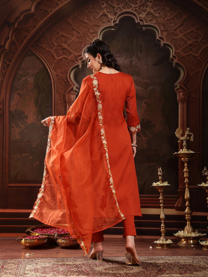 Rust Solid & Embroidered Crepe A-Line Kurta Pant Dupatta Set (Pre-Order)