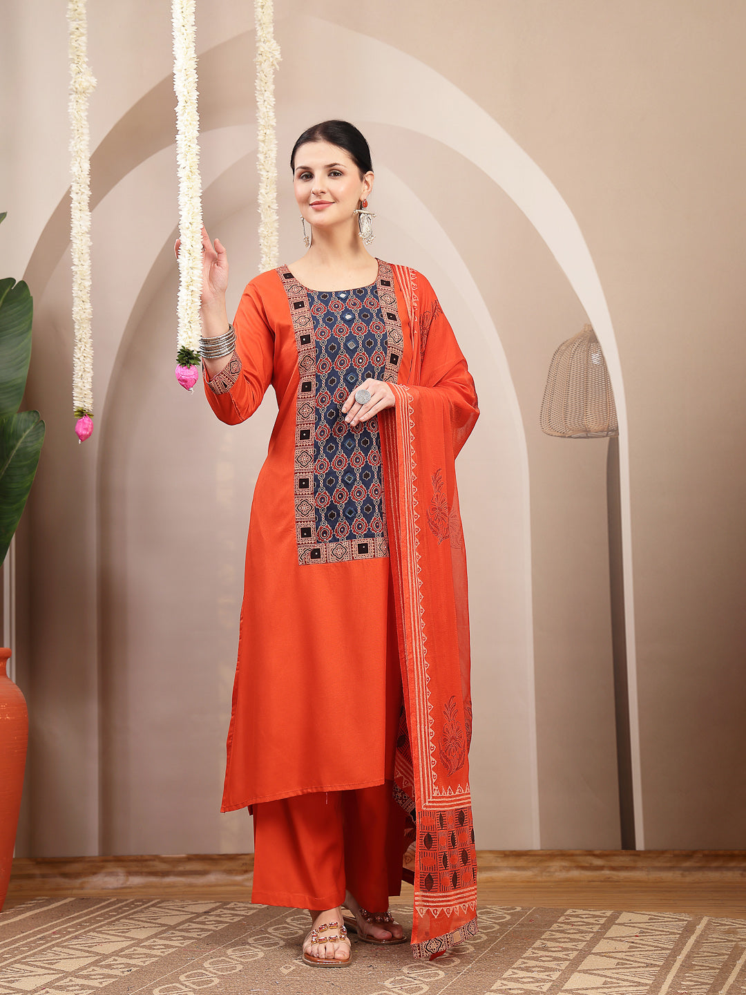 Solid Rayon A-Line Kurta Palazzo Dupatta Set