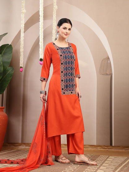 Solid Rayon A-Line Kurta Palazzo Dupatta Set