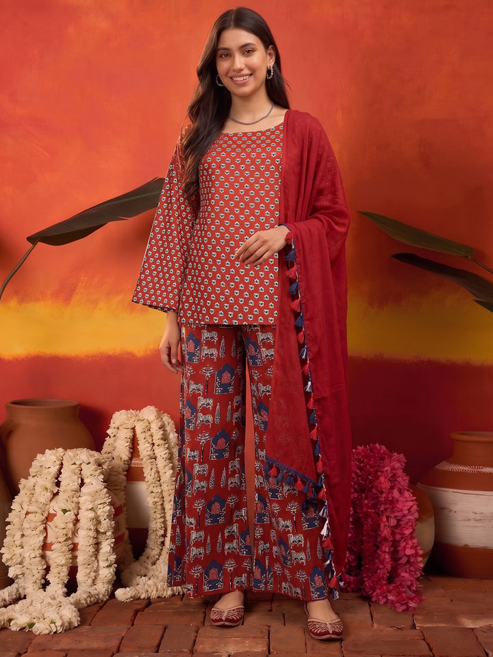 Ethnic Printed Cotton Short Kurti Palazzo Dupatta Set
