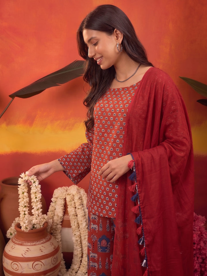 Ethnic Printed Cotton Short Kurti Palazzo Dupatta Set