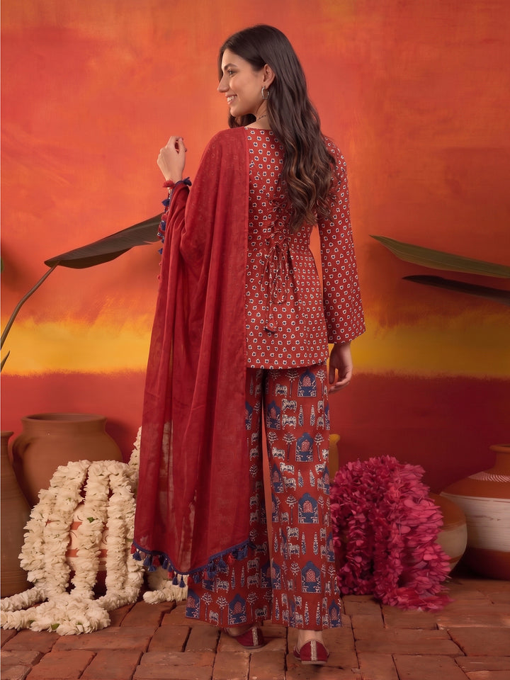 Ethnic Printed Cotton Short Kurti Palazzo Dupatta Set