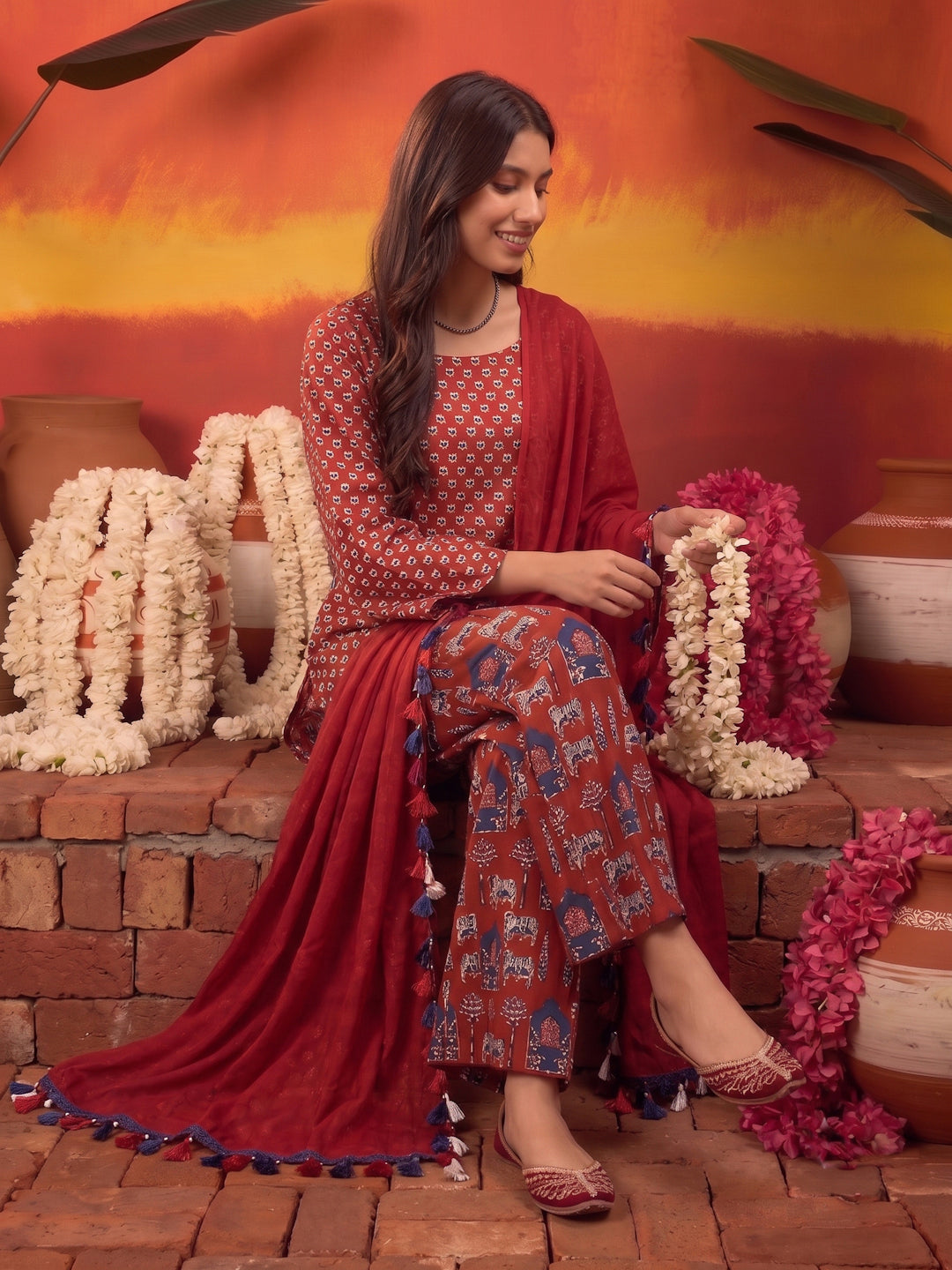 Ethnic Printed Cotton Short Kurti Palazzo Dupatta Set