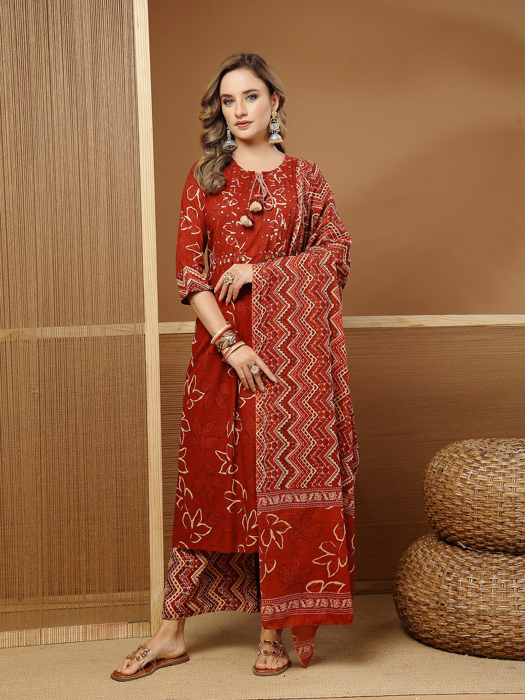 Floral Printed Cotton A-Line Kurta Palazzo Dupatta Set