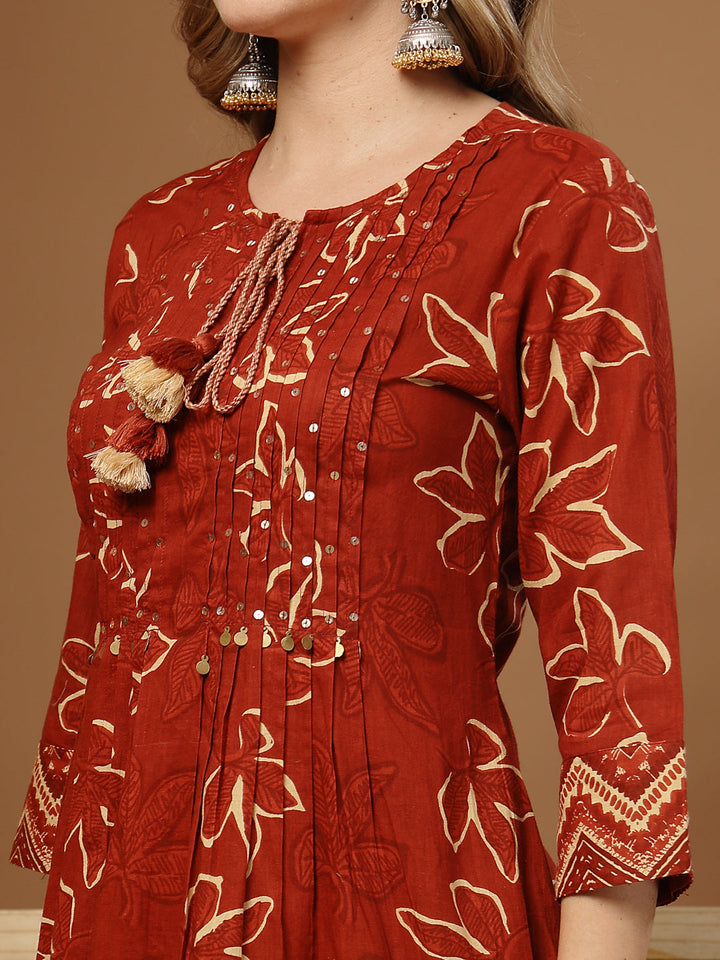 Floral Printed Cotton A-Line Kurta Palazzo Dupatta Set