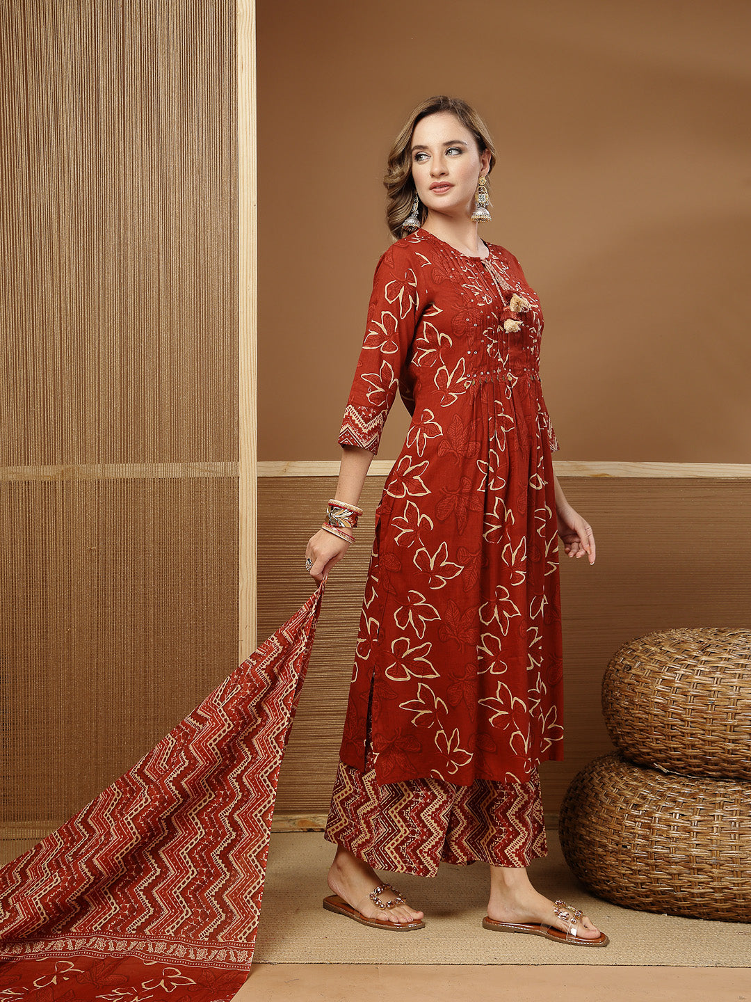 Floral Printed Cotton A-Line Kurta Palazzo Dupatta Set