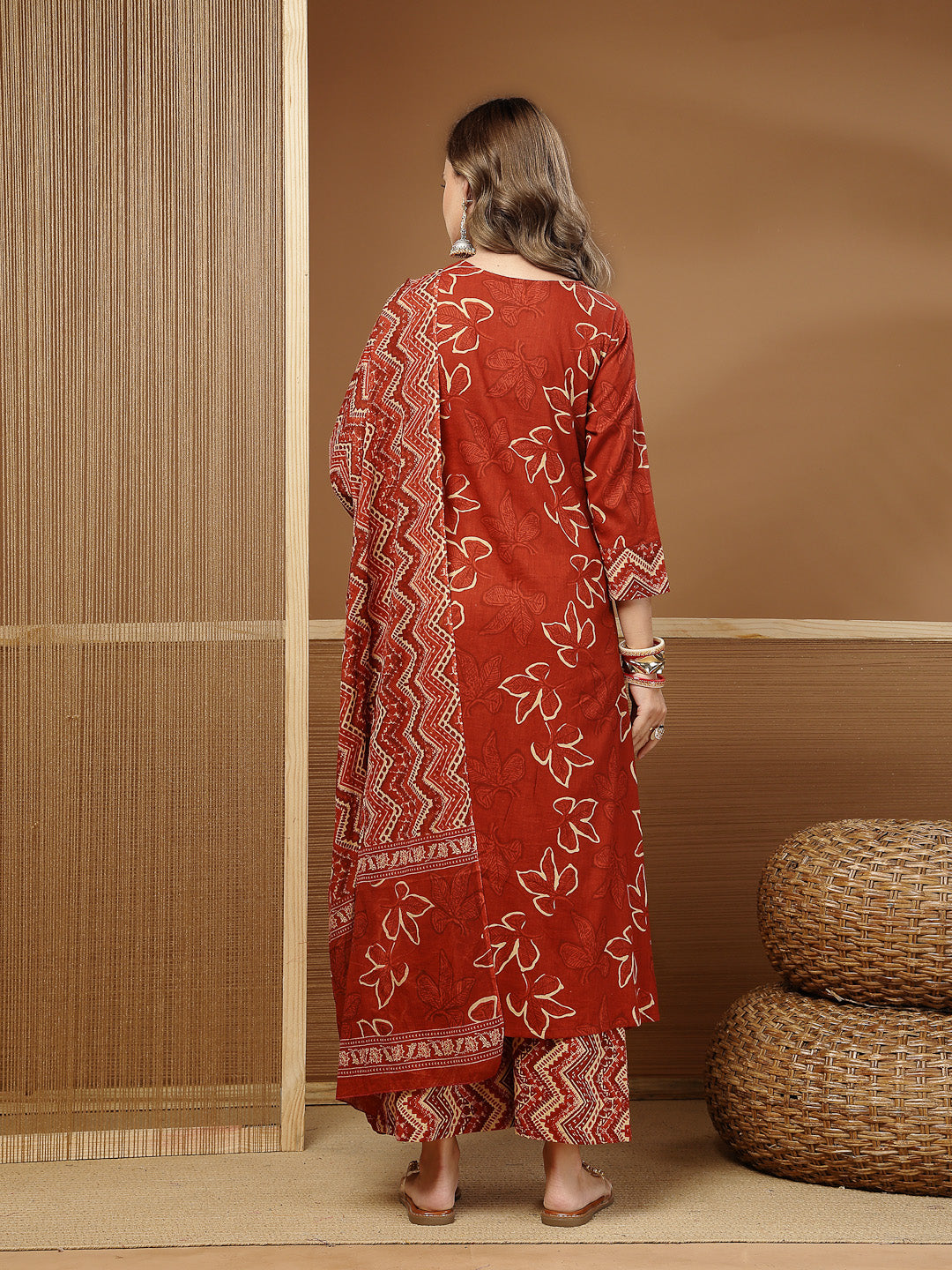 Floral Printed Cotton A-Line Kurta Palazzo Dupatta Set