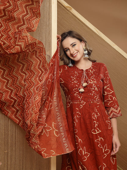 Floral Printed Cotton A-Line Kurta Palazzo Dupatta Set