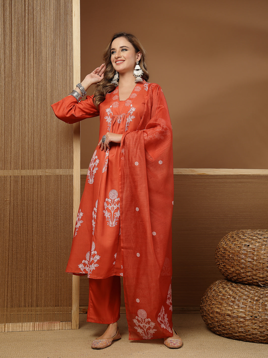 Floral Printed Rayon A-Line Kurta Pant Dupatta Set
