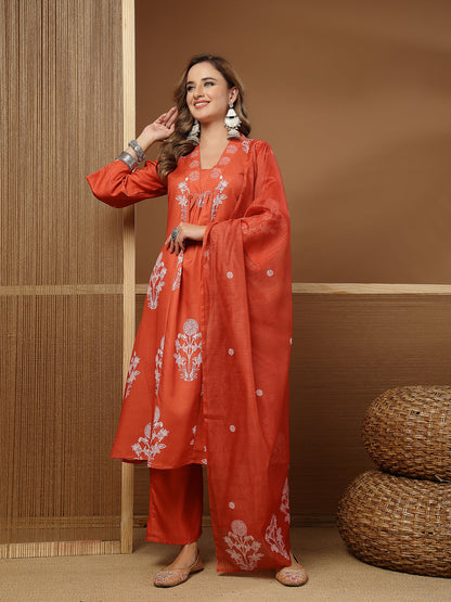 Floral Printed Rayon A-Line Kurta Pant Dupatta Set