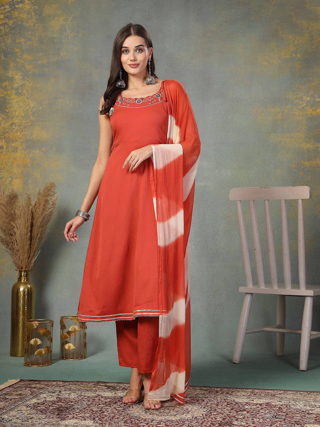 Rust Solid & Embroidered Poly Crepe A-Line Kurta Pant Dupatta Set