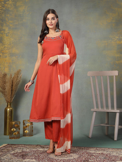 Rust Solid & Embroidered Poly Crepe A-Line Kurta Pant Dupatta Set