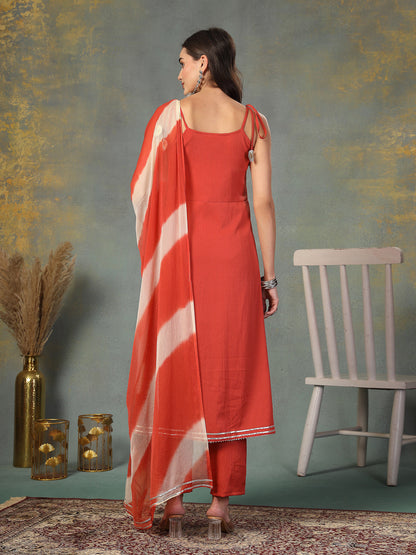Rust Solid & Embroidered Poly Crepe A-Line Kurta Pant Dupatta Set