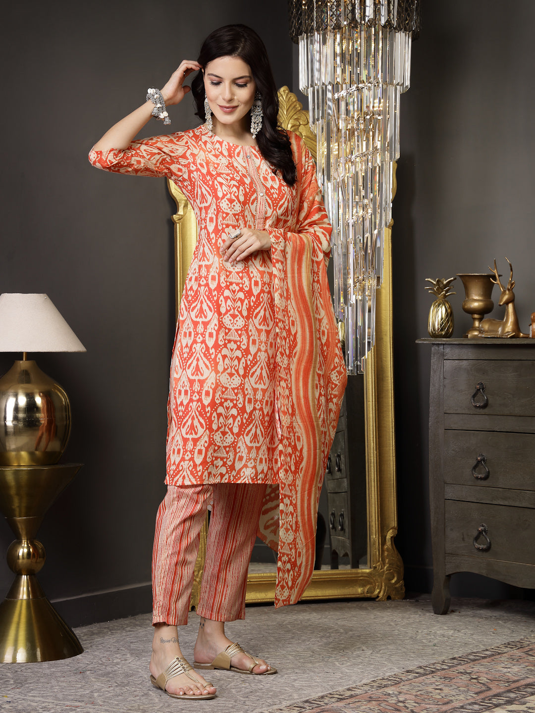 Rust Printed Cotton Straight Kurta Pant Dupatta