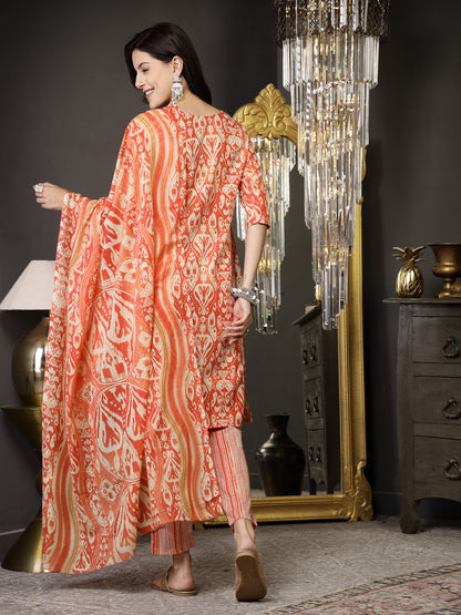 Rust Printed Cotton Straight Kurta Pant Dupatta
