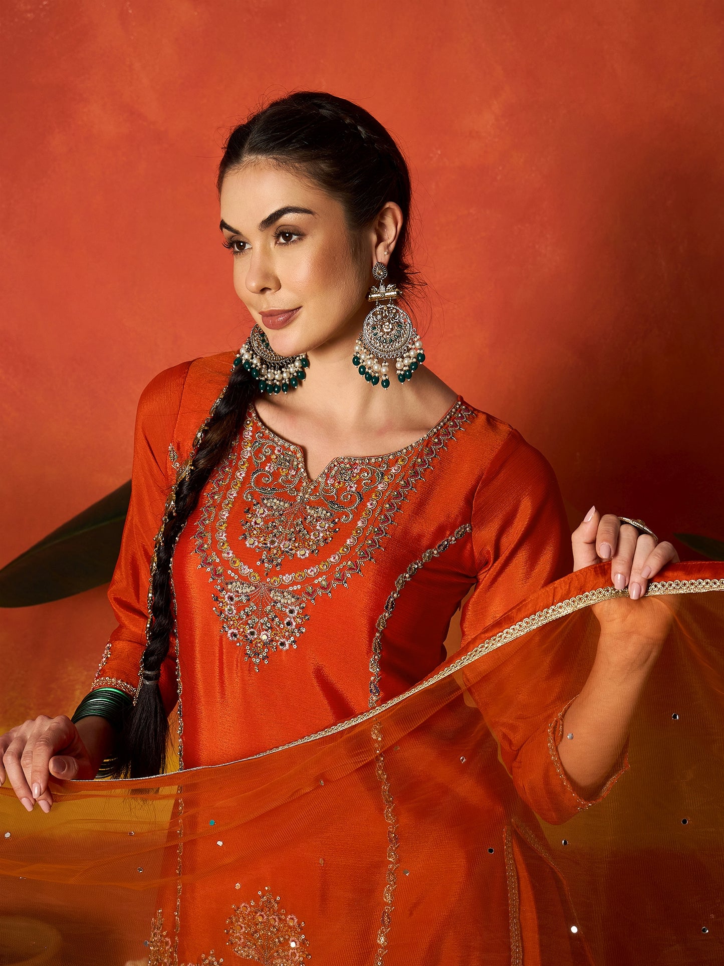 Solid & Embroidered Silk Blend Straight Kurti Palazzo With Dupatta Dupatta