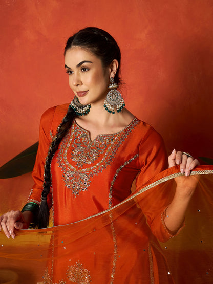 Solid & Embroidered Silk Blend Straight Kurti Palazzo With Dupatta Dupatta