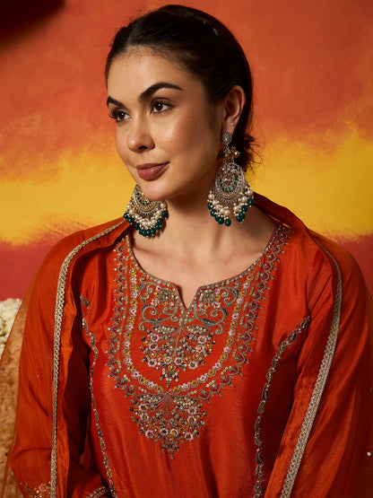 Solid & Embroidered Silk Blend Straight Kurti Palazzo With Dupatta Dupatta