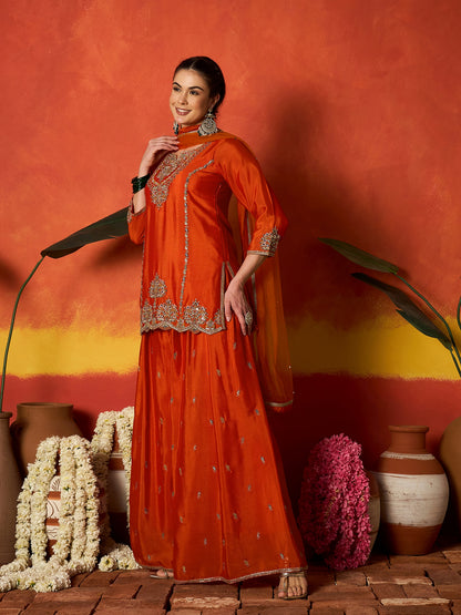 Solid & Embroidered Silk Blend Straight Kurti Palazzo With Dupatta Dupatta
