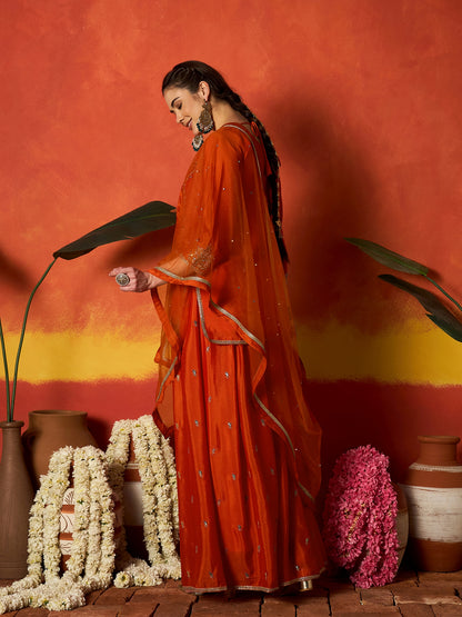 Solid & Embroidered Silk Blend Straight Kurti Palazzo With Dupatta Dupatta