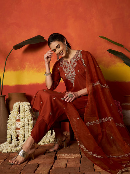 Solid & Embroidered Chinon Straight Kurta Pant With Dupatta