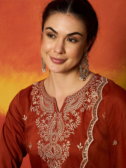Solid & Embroidered Chinon Straight Kurta Pant With Dupatta