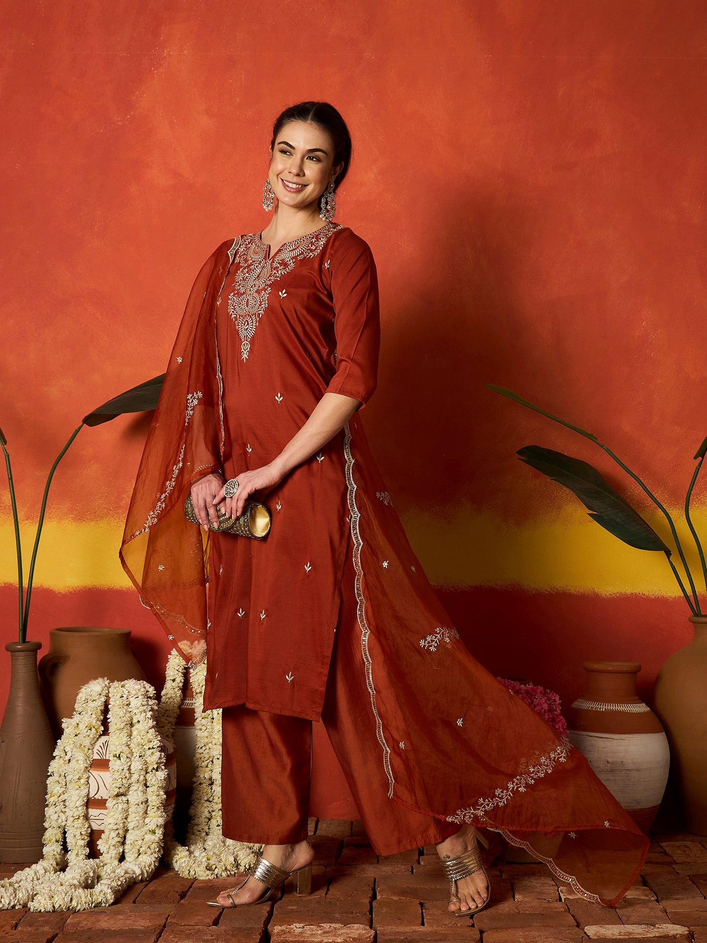Solid & Embroidered Chinon Straight Kurta Pant With Dupatta