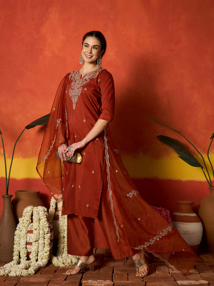 Solid &amp; Embroidered Chinon Straight Kurta Pant With Dupatta