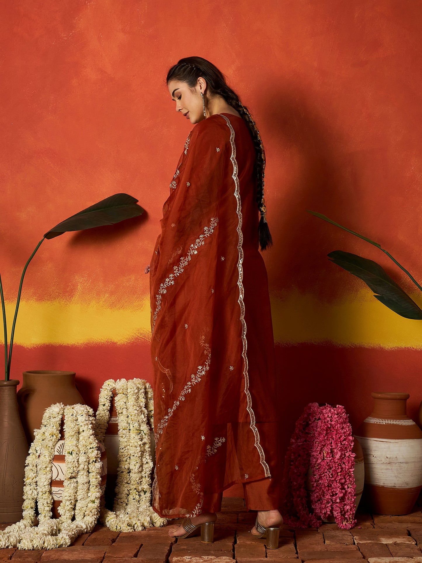 Solid & Embroidered Chinon Straight Kurta Pant With Dupatta