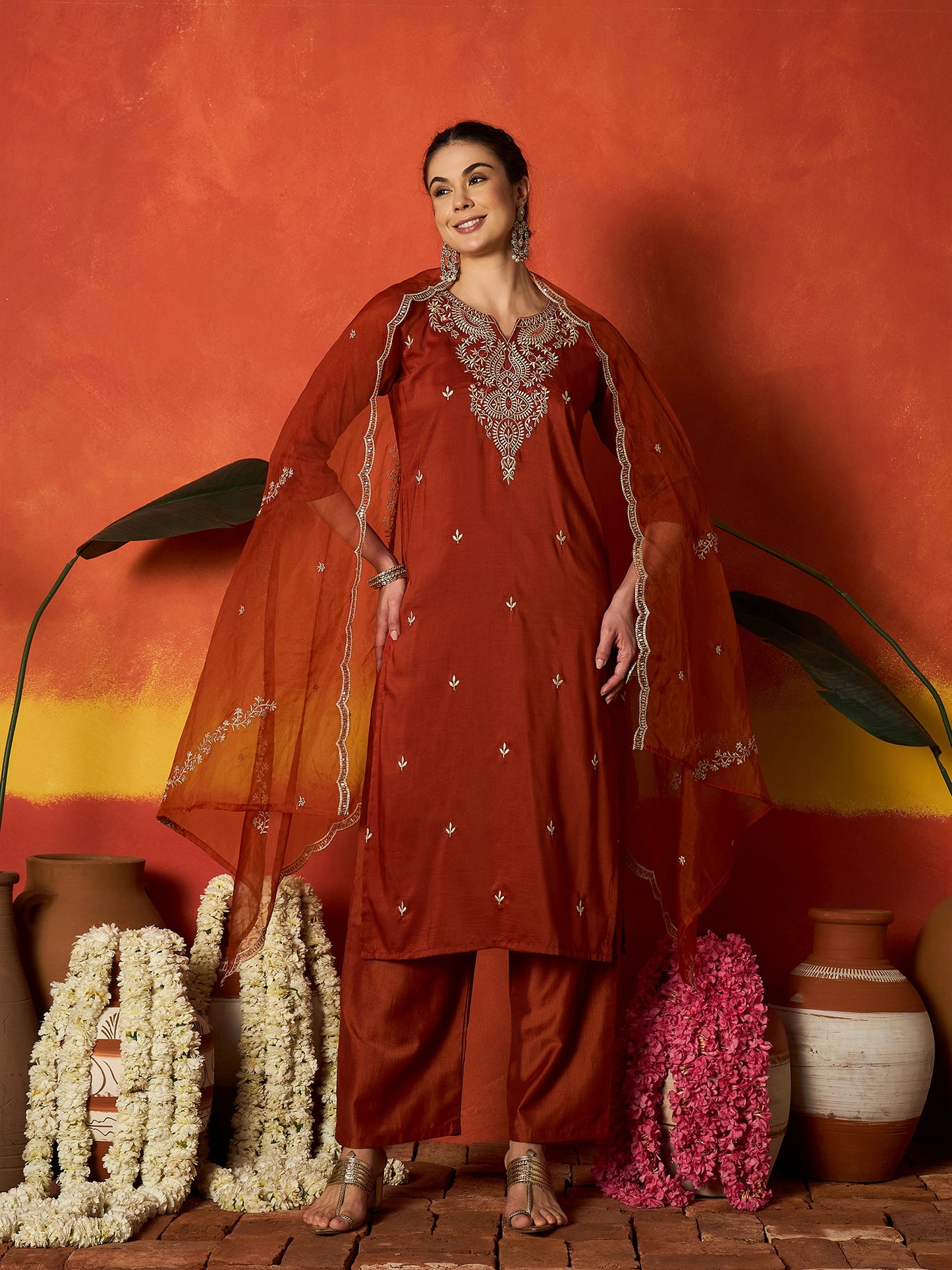 Solid & Embroidered Chinon Straight Kurta Pant With Dupatta