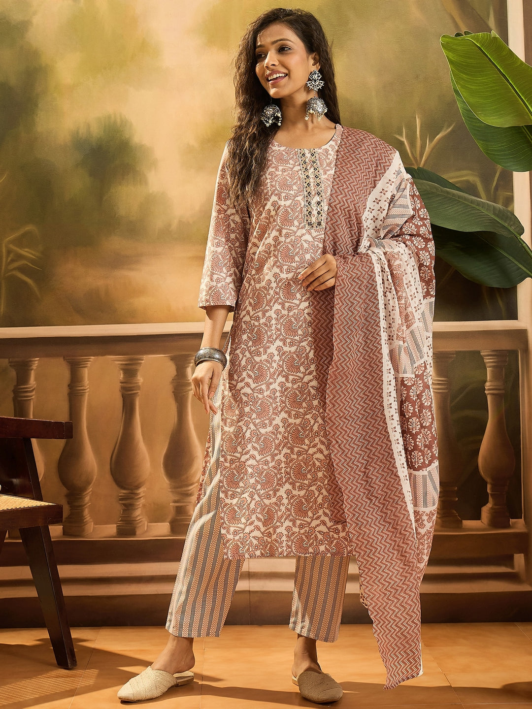 Rust Floral Printed Cotton Straight Kurta Pant Dupatta Set