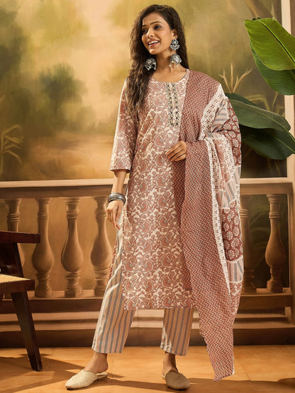 Rust Floral Printed Cotton Straight Kurta Pant Dupatta Set