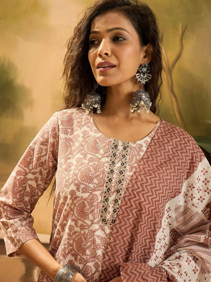 Rust Floral Printed Cotton Straight Kurta Pant Dupatta Set