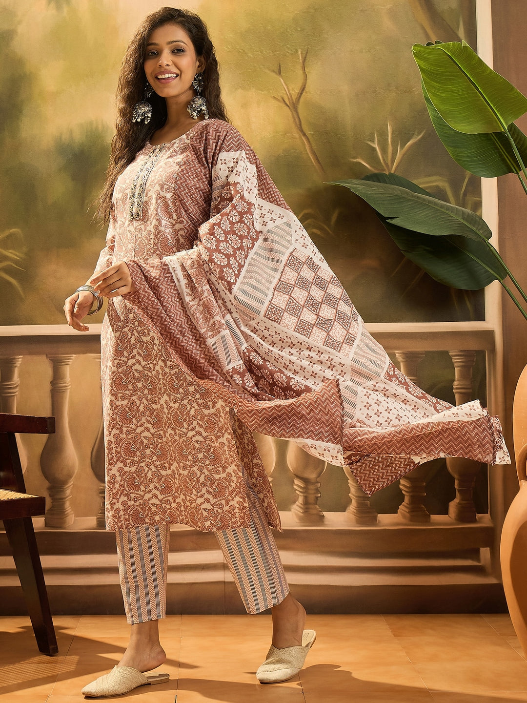Rust Floral Printed Cotton Straight Kurta Pant Dupatta Set