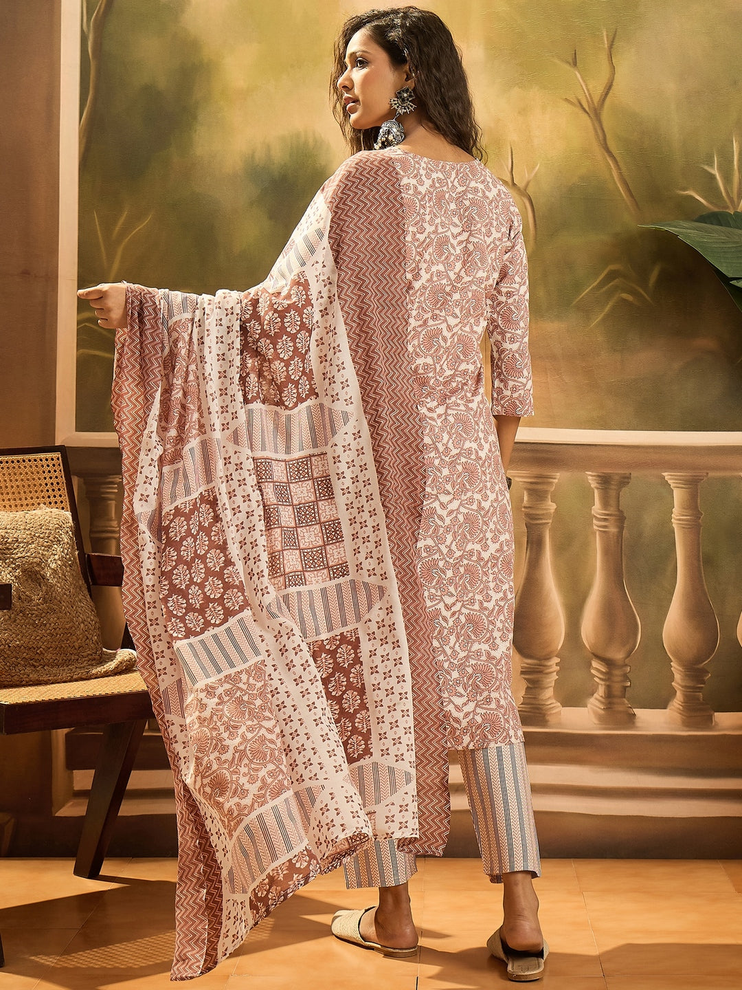 Rust Floral Printed Cotton Straight Kurta Pant Dupatta Set
