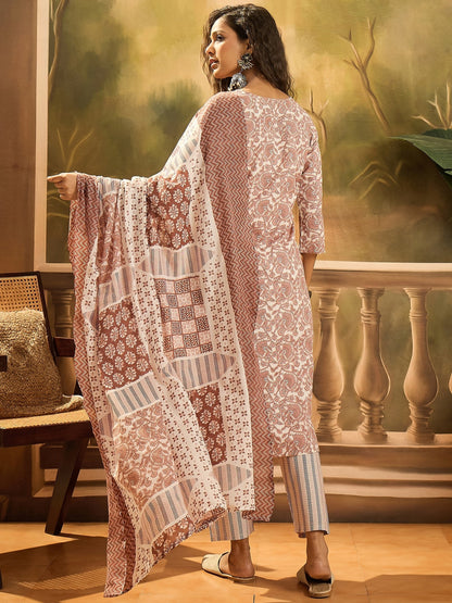 Rust Floral Printed Cotton Straight Kurta Pant Dupatta Set