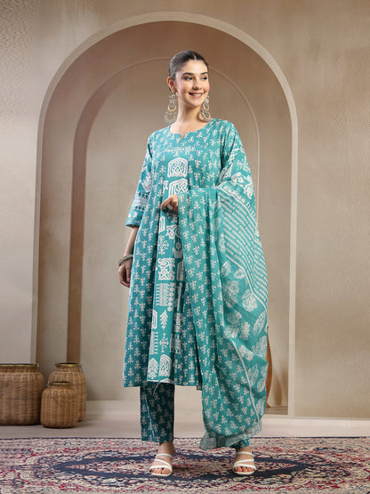 Printed Cotton Flared Kurta Pant Dupatta Set